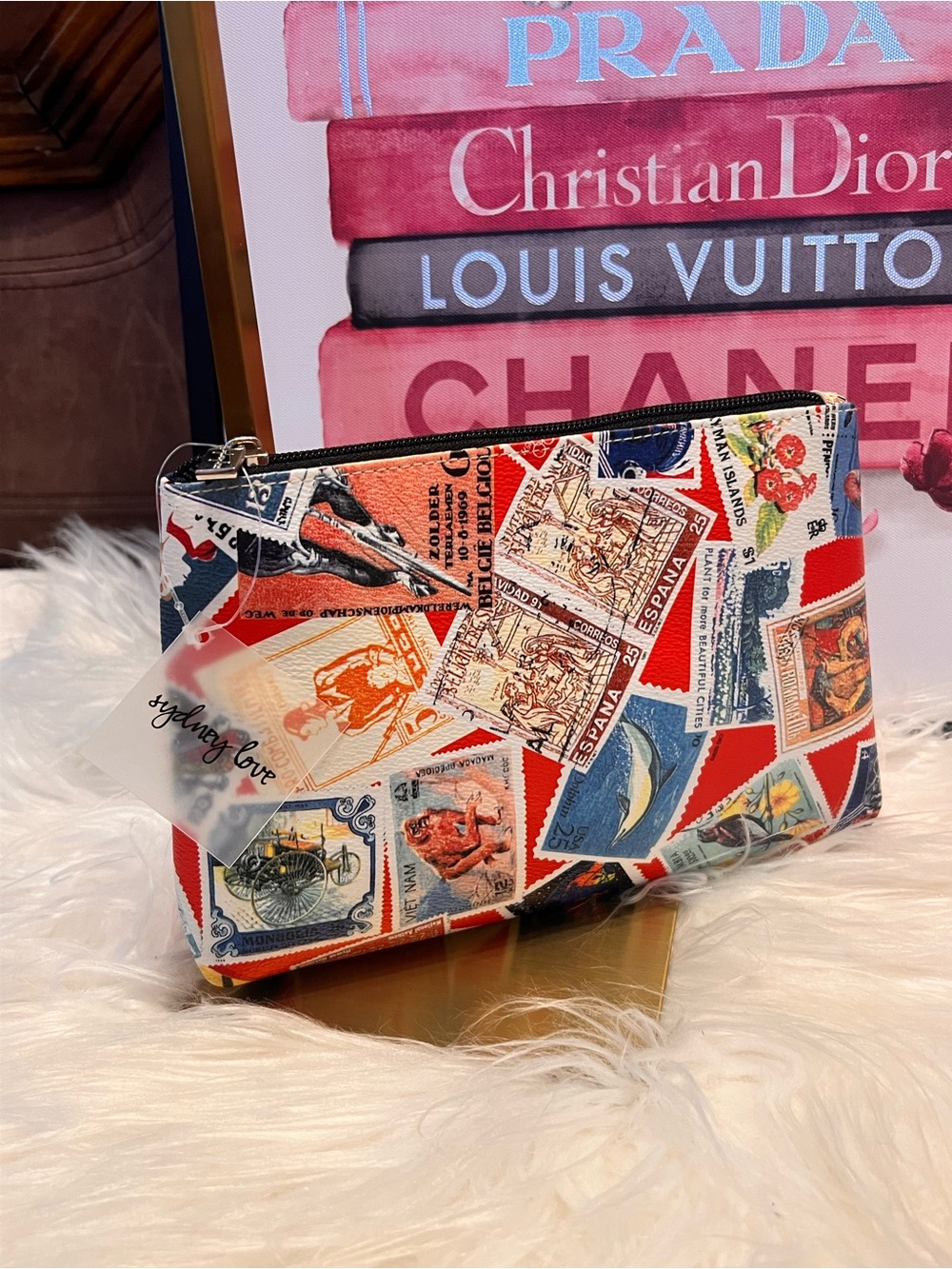 Sydney Love Travel Toiletry in Red, Blue, White Stamp Print makeup bag